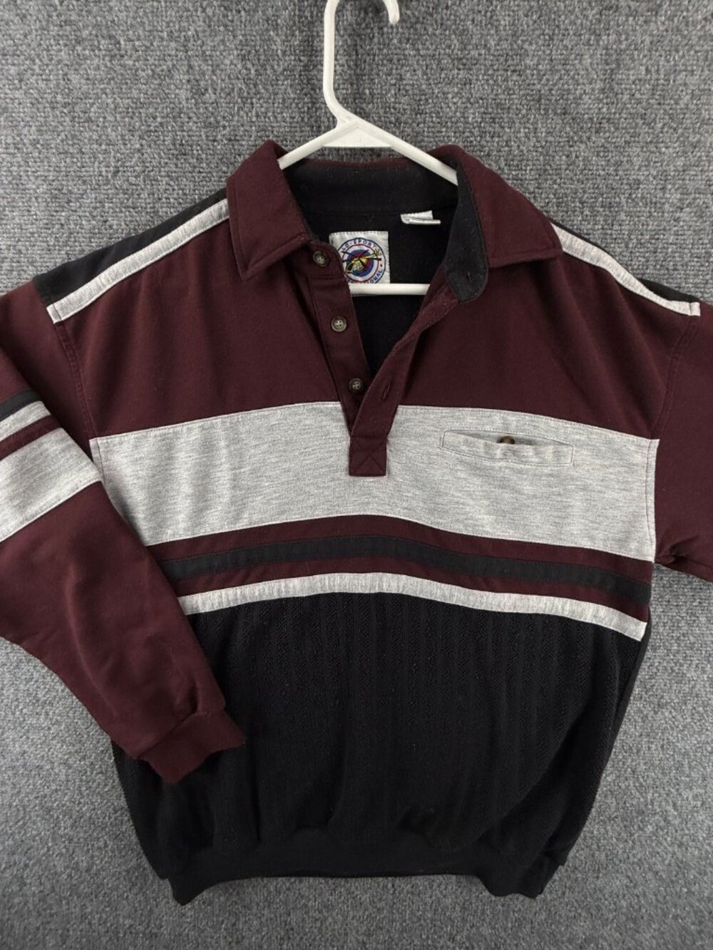 VTG LD Sport International Men Striped Polo Shirt Long Sleeve Black Red Gray Med